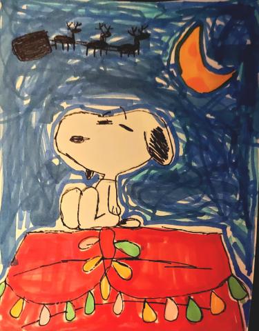 Hand drawn and colored Snoopy atop his dog house decorated with christmas lights while a santa silhouette flies in the background